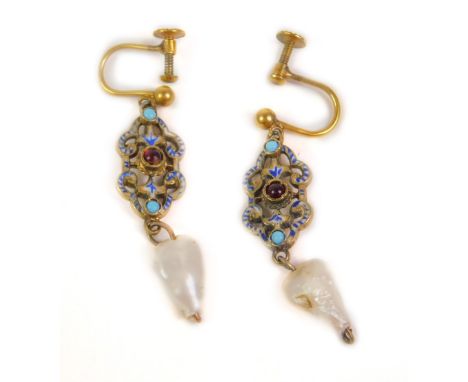 A pair of baroque enamel and pearl drop earrings, each earring with blue and white scroll design enamel centre, terminating w