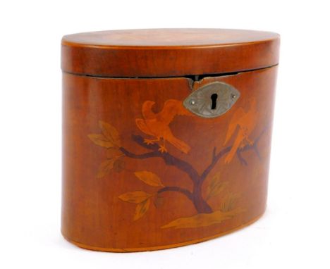 A George III satinwood oval tea caddy, the hinged lid with inlaid shell paterae, opening to reveal a single compartment, the 