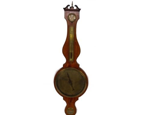 A George III satin wood wheel barometer, with swan neck pediment with urn finial, silvered hygrometer over thermometer, 25cm 