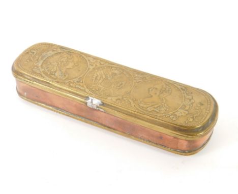 An 18thC Austrian brass and copper tobacco box, with embossed hinged lid bearing portrait medallions and with arms and topogr