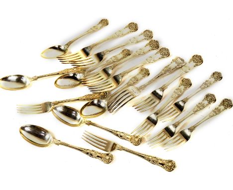 A good suite of Victorian silver Queen's pattern flatware, comprising six dinner forks and six dessert spoons and forks, Lond