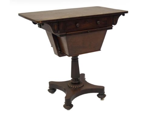 A William IV rosewood work table, with rounded rectangular top and frieze drawer over a basket slide, within shaped frame wit