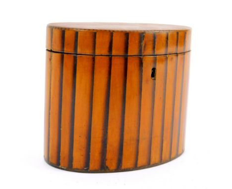 A George III box wood oval tea caddy, with parquetry banding, 11.5cm H, 14cm W, 8.5cm D.
