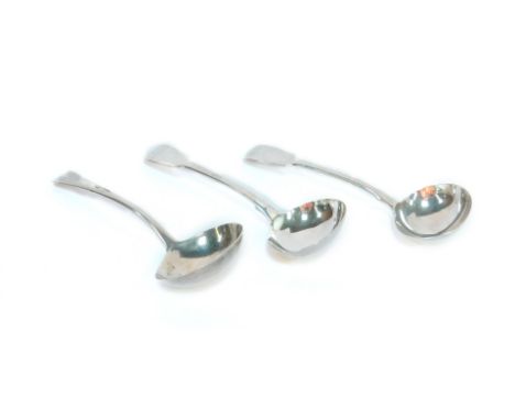 A pair of Victorian silver fiddle pattern sauce ladles, with engraved initials 'JW', London 1862, maker Chawner &amp; Co, 3.6