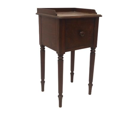 A George IV mahogany night table in the manner of Holland &amp; Sons, with moulded tray top, single door, with button mushroo