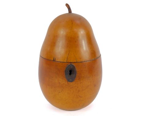 A George III fruitwood pear shape tea caddy, with stalk handle and iron key escutcheon, 15.5cm H.