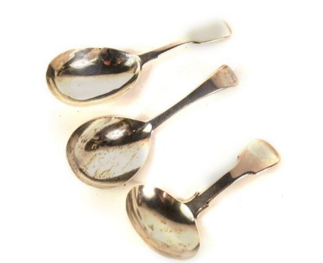 Two fiddle pattern silver caddy spoons, London 1812 and London 1848, and another silver caddy spoon of plain design, London 1
