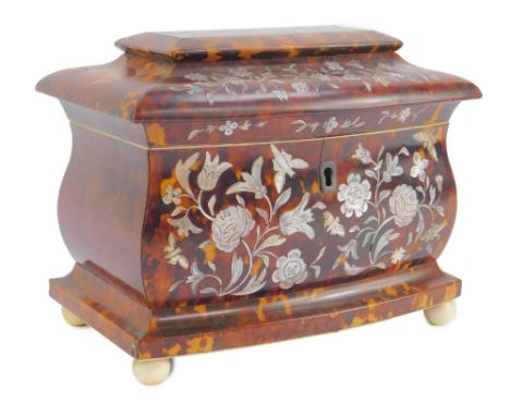 A Regency tortoiseshell tea caddy, of bombe form, decorated in mother of pearl inlay with roses and insects, the hinged lid o