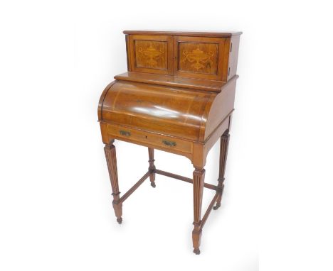 A Victorian inlaid rosewood writing desk or bonheur de jour, of small proportions with a stationery cabinet to the top enclos