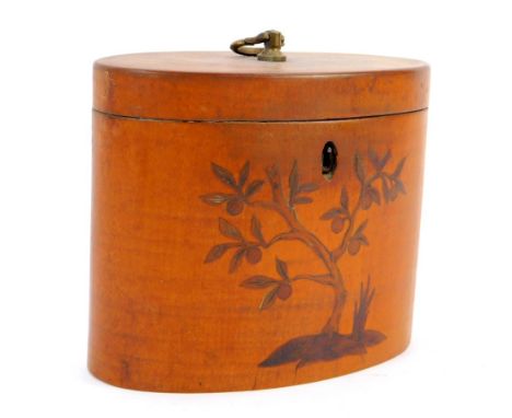 A George III satinwood oval tea caddy, the paterae inlaid lid with brass ring handle, the box with inner lid, inlaid to the f