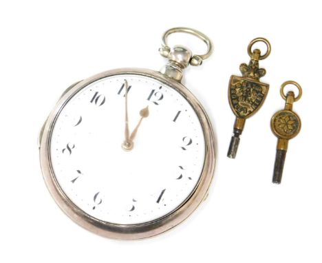 A George IV silver pair cased pocket watch by Johnson Jex, Letheringsett, open faced, key wind, enamel dial bearing Arabic nu