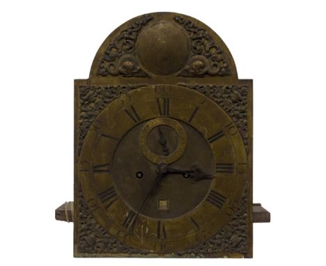 An 18thC longcase eight day longcase clock movement, with brass dial with cast urn and dolphin spandrels, with roundel to the