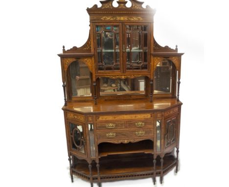 A late Victorian rosewood marquetry chiffonier, the broken arch pediment with inlaid faux dentil moulded cornice, marquetry f