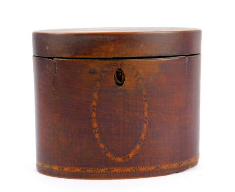 A George III mahogany oval tea caddy, with parquetry banding, the lid opening to reveal a single compartment, 11.5cm H, 14cm 