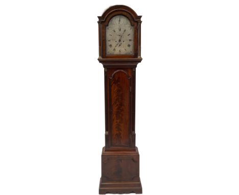 William Carter of London. A 19thC flamed mahogany longcase clock, with arched hood, with Corinthian capital columns with bras