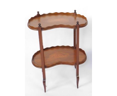 A late Victorian mahogany etagere, two levels of kidney shaped shell inlaid platforms with wavy tray tops, joined by square b