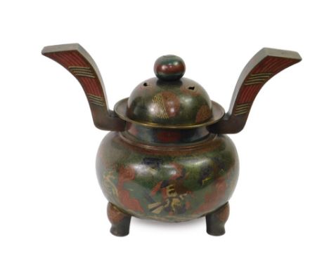 A large 19thC Chinese cloisonne enamel incense jar and cover the domed lid partially pierced and decorated with a repeat geom