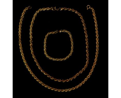 An 18ct gold two necklace and bracelet set, one bracelet and necklace of rope twist design with yellow metal, with intermingl