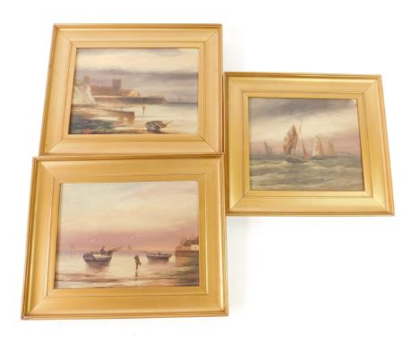 English School (Late 19thC). Three coastal scenes with quaysides, figures and boats, oil on board, two signed B B, 14cm x 9cm