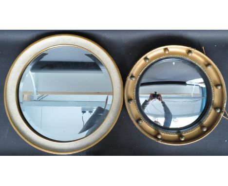 A pair of retro vintage 20th century convex fish eye port hole style gilt mirror of circular form with studded ball decoratio