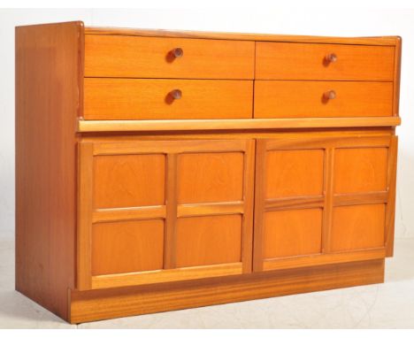 Nathan - Squares. A retro vintage circa 1960's British teak sideboard. Having a twin pair of drawers to the top front and a p