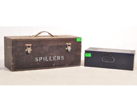 A retro vintage 20th century metal first aid box, together with a larger Spillers box with stencilled label to two sides. Mea