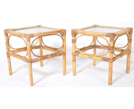 A pair of retro vintage mid 20th Century bamboo side/coffee tables. The table having a rectangular form, bamboo structure wit