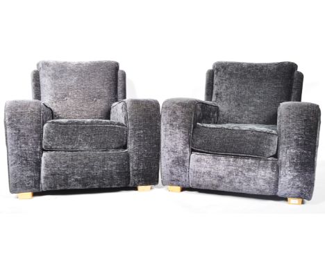 A matching pair of vintage Art Deco armchairs / easy lounge fireside chairs with each having been re-upholstered in dark grey