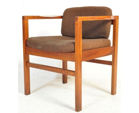 A retro vintage mid 20th century teak wood office chair having brown upholstered back rest and cushioned seat with shaped tea