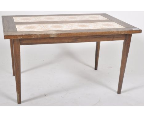 A retro vintage 1960s Century teak / oak tile top coffee table comprising of inset tiles set within a wooden table top raised