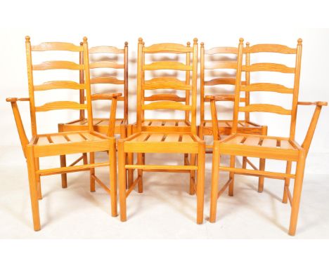 Ercol - Lucien Ercolani - A set of six vintage 20th century pine farmhouse chairs having ladder backs, slatted seats raised o