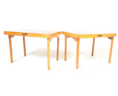 A pair of vintage retro mid 20th century folding breakfast tables / side tables. The wooden tables of a rectangular form with