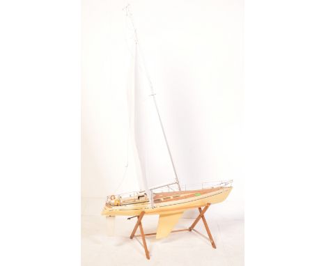 A large vintage retro mid 20th century Koh-i-Noor Wyk wooden pond yacht model. Measures approx. 172cm x 104cm x 25cm.