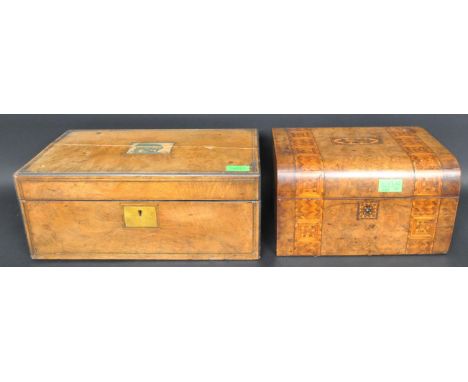 A Victorian 19th century burr walnut inlaid ladies vanity box having inlay work to top in the form of a rose and fitted purpl
