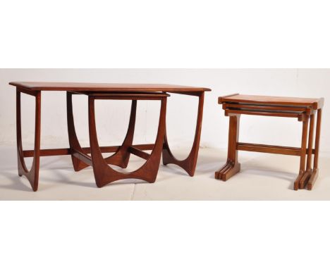 A retro vintage mid 20th Century circa 1960s teak G-Plan nest of tables (AF). Having a bordered top with a pair of quadrille 