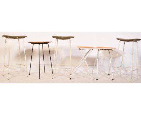 An assortment of retro vintage mid 20th Century stools &amp; tables. The stool having black padded seat with white metal upri