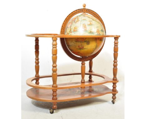 A vintage retro 20th century globe drinks trolley having a printed paper map transfer with globe to centre opening to reveal 