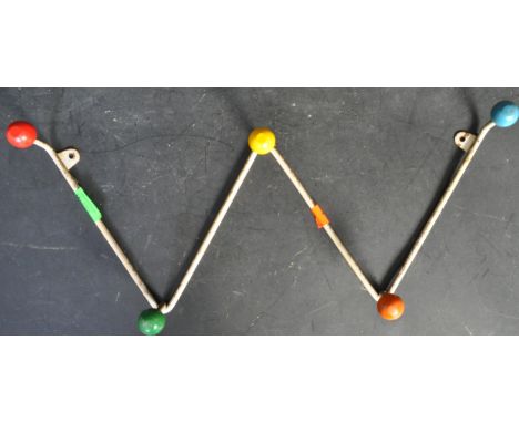 A retro vintage mid 20th Century sputnik atomic coat hooks / rack of 'W' shape form with painted multi coloured plastic ball 