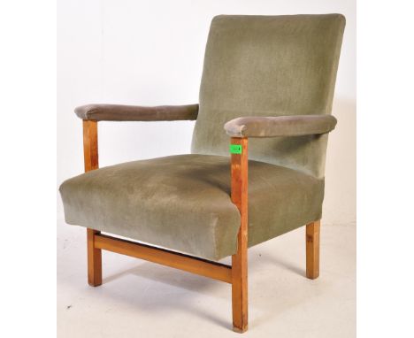 A vintage mid 20th century circa 1950s Air Ministry Utilitarian armchair easy chair having a cushioned armrests upholstered i