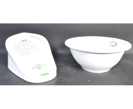 A vintage 20th Century porcelain enamel bed pan with travel carriage train wash basin / sink. The bed pain having instruction