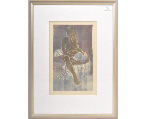 Myrtle Pizzey (British) - A 20th Century artist proof wood block print featuring nude female figure seated with one leg cross
