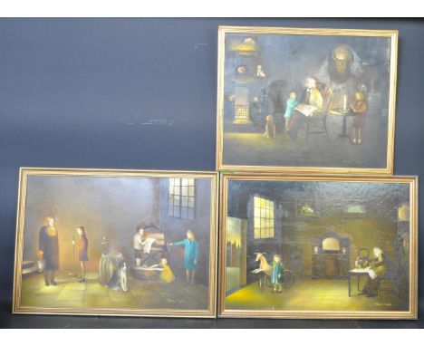 A triptych of vintage 20th century oil on canvas paintings of various atmospheric scenes. Framed. Signed James Taylor to the 