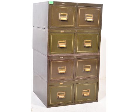 A collection of four vintage industrial factory 20th century index filing cabinet having a racing green colourway with brass 