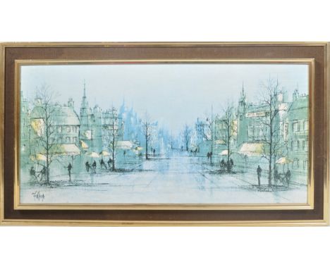 Holland - A retro vintage mid 20th Century print on board depicting a city street scene. Set with a faux brass frame with bro