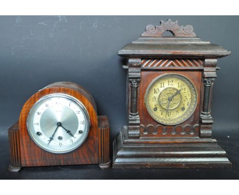 An early 20th century Art Deco walnut cased mantel clock by Bentima having a brushed metal clock face with Arabic numerals to