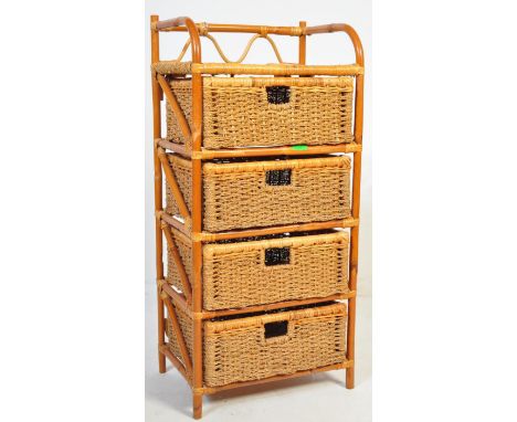 A vintage 20th century bamboo Albini style shelving unit having a bamboo frame with wicker shelves. Measures approx. 93cm x 4