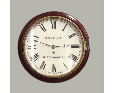 A FUSEE WALL CLOCK BY CHICK OF LONDON. The clock with a 12 inch white enamelled dial with Roman numerals, signed 'R.H.Chick  