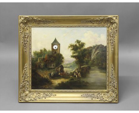 A 19TH CENTURY LANDSCAPE WITH INTEGRAL CLOCK. The painting a continental style landscape with clock tower by a lake with peop