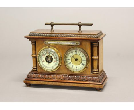AN EDWARDIAN WALNUT CASED CLOCK AND THERMOMETER. A walnut cased desk clock, barometer and thermometer, the rectangular case w