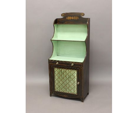 A REGENCY FAUX ROSEWOOD WATERFALL BOOKCASE. A waterfall bookcase with rosewood effect painted finish with gilt lining, the tw